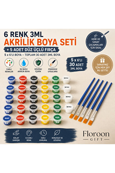 Floroon gift 5 Adet 6 Renk 3 ML Akrilik Boya Seti ve 5 Adet Düz Uçlu Fırça | ...
