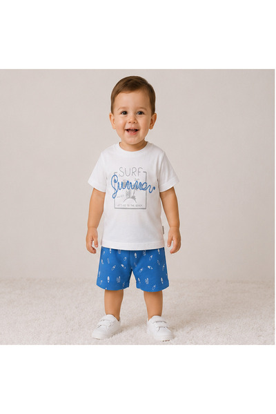 Erkek Bebek Surf Summer Baskılı Tişört ve Şort Takımı Mavi-Beyaz