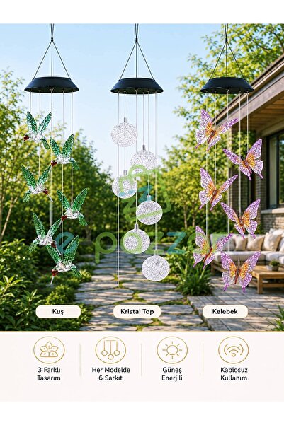 epazzar 3'lü Set Multicolor Renk Geçişli Kuş / Kelebek / Kristal Top Silikon 6'lı Sarkıt Solar Panelli Bahçe Veranda Dekoratif Led Işık