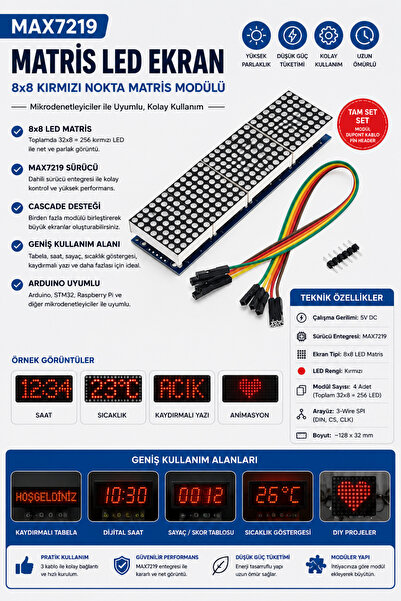 RoboPazar MAX7219 8×8 LED Matris Ekran Modülü – 4'lü Kırmızı LED Display, 5V ...