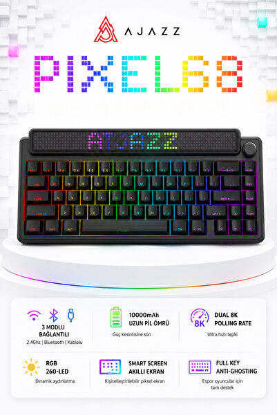 Ajazz Pixel 68 Dot Matrix Ekranlı Kablolu ve Kablosuz 8000 Hz- 260 Led’li Mek...
