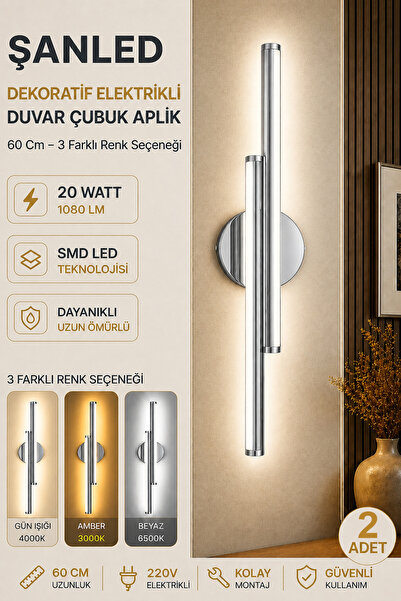 ŞANLED Decorative 20W Indoor Chrome Case 3-Color Light 60 cm Wall Sconce Elec...