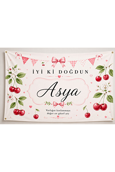 Piloji Kişiye Özel Kiraz Temalı Doğum Günü Kumaş Duvar Örtüsü İyi Ki Doğdun P...