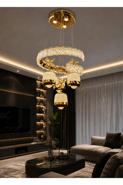 Led YENİ MODEL 4 SARKIT LÜX ÇEMBERLİ AVİZE GOLD RENK 3 IŞIK SEÇENEĞİ