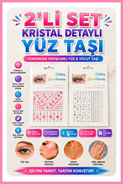 Nera Classy 2'li Set Kristal Detaylı Yüz Taşı, Kendinden Yapışkanlı Yüz ve Vü...