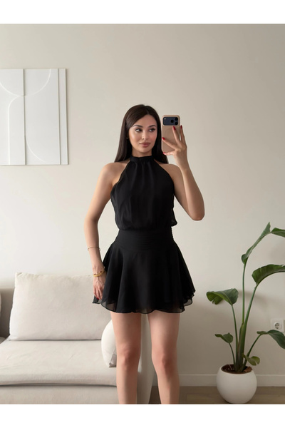 Zoom Butik Volanlı Halter Yaka Mini Elbise - SİYAH