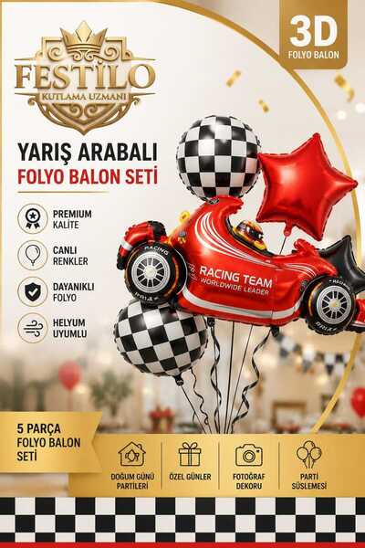 FESTİLO Yarış Arabalı Folyo Balon Seti 5 Parça 3D Helium Uyumlu Doğum Günü Pa...