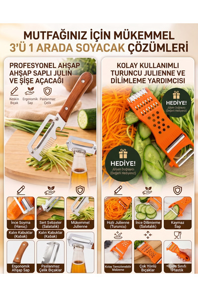 RED KİTCHEN 3'ü 1 Arada Profesyonel Sebze Soyacağı Seti – Ahşap Saplı Julienn...