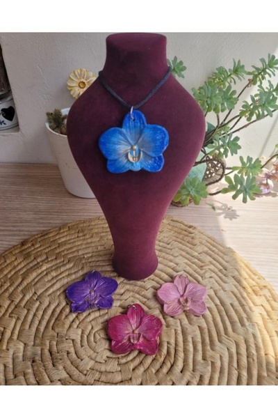 Dekor köşesi Handmade Ceramic Necklace with Blue Orchid Design - Natural and ...