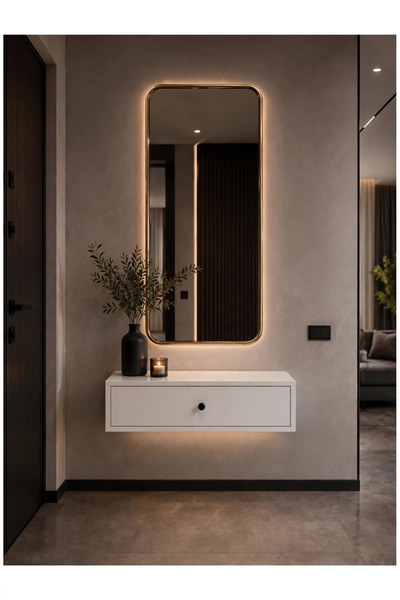 ENG AHŞAP Duvara Monte Makyaj Masası Dresuar 60x25x20 cm | Beyaz MDF | Kapakl...