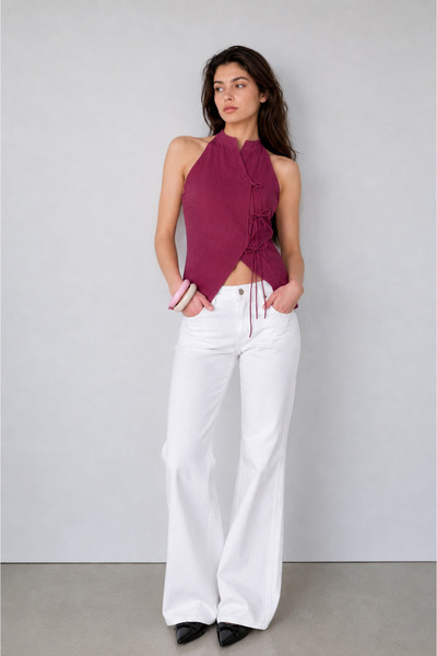 Avakado Halter yaka qipao görünümlü top
