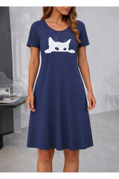 Beruflic Women's short sleeve crew neck cat print viscose mini dress