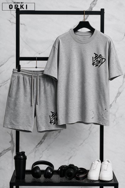 EFFRENATU Be Kind Printed Plus Size Unisex T-Shirt & Grey Shorts Set