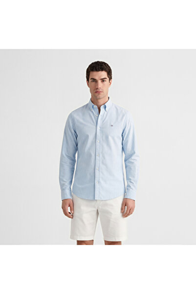 Gant Erkek Mavi Slim Fit Çizgili Logolu Gömlek