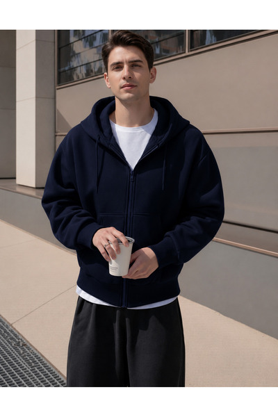 YAKAMEL ERKEK 3 İPLİK FERMUARLI KAPÜŞONLU OVERSİZE RAHAT SWEATSHIRT HIRKA