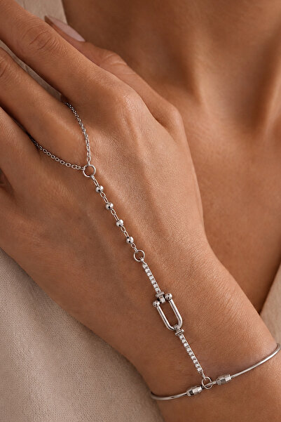 FIERA JEWELRY Women's Silver Color Zircon Stone Detailed Chain Dangle Adjusta...