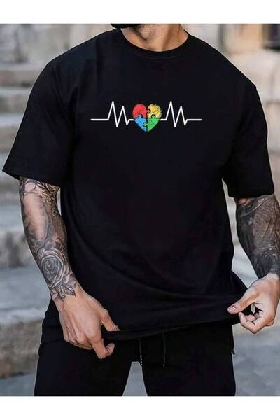 799 100% Cotton Mom HeartBeat Love Support Autism Awareness Family Men's Blac...