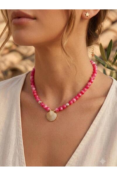 Beykan handmade Pink Marbled Beaded Sparkling Seashell Figured Summer Necklace