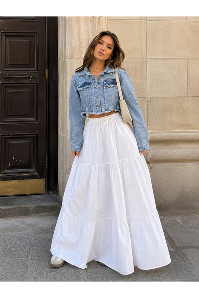 Aida Fashion Yırtık Detay Denim crop ceket