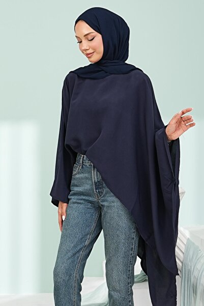 İmajButik Navy Blue Asymmetrical Cut Cape