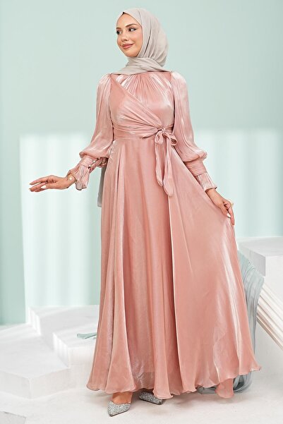 İmajButik Powder Side Tie Sleeve Detailed Janjan Evening Dress