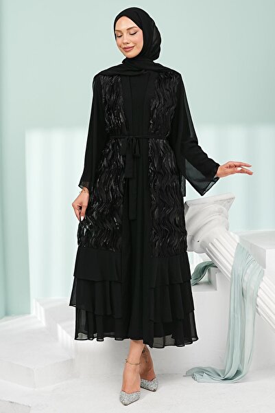 İmajButik Siyah Eteği Katlı Fırfırlı İkili Abaya Takım