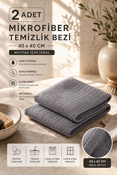 Anadolu Saray 2 ADET 40x40 cm Gri Mikrofiber Mutfak Temizlik Bezi Leke Tutmaz...