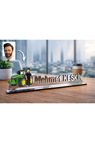 MK Sanart Fotoğraftan Kişiye Özel Traktör Çiftçi Karikatürlü Masaüstü İsimlik...
