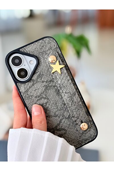 Go Aksesuar Iphone 16 Uyumlu Tutacaklı Yıldız Tasarımlı Deri Görünümlü Esnek Silikon Kılıf