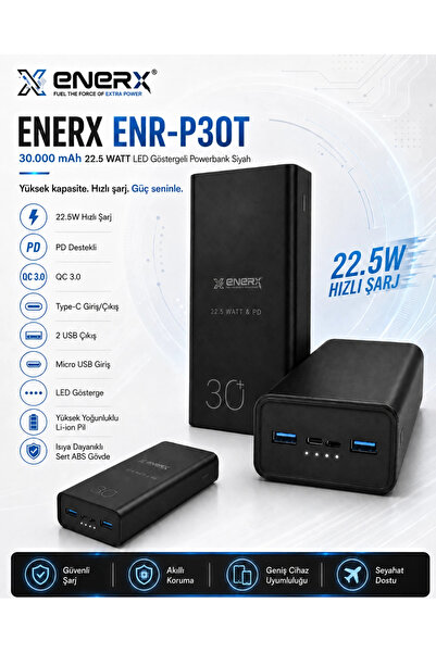 ENERX ENR-P30T 30.000 mAh 22.5Watt Hızlı Şarj Powerbank – Siyah