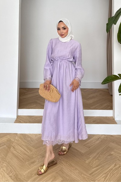 Rimel Moda Dual Dantelli Elbise Lila