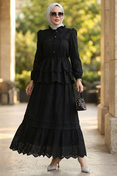 Neva Style Katlı Fırfır Detaylı Brode Siyah Tesettür Takım 50272S