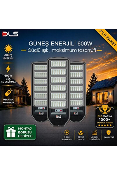 DLS 3'lü Paket 600W Güneş Enerjili Solar Sokak Lambası Hareket Sensörlü LED B...