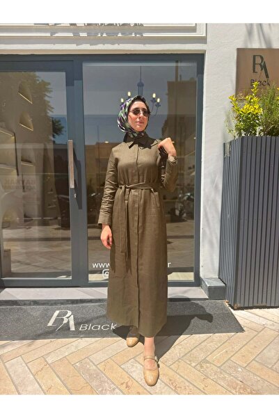 TERZİ DÜKKANI TD048 Natural Keten Kadın Gömlek Elbise Haki Yeşil