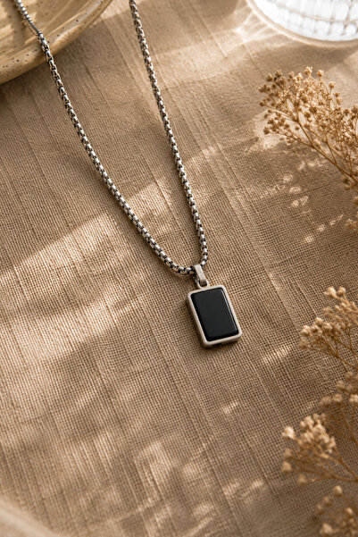 laria jewelry Black Rectangular Stone Men's Steel Necklace