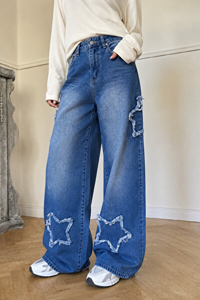 GRİİ WEAR Unisex Star Appliqued Wide Leg Jeans