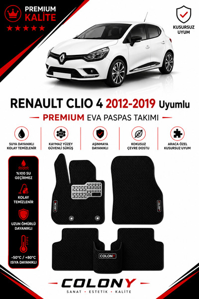 COLONY Renault Clio 4 Uyumlu EVA Paspas Tam Set–Araca Özel,Kolay Montaj,Su Ge...