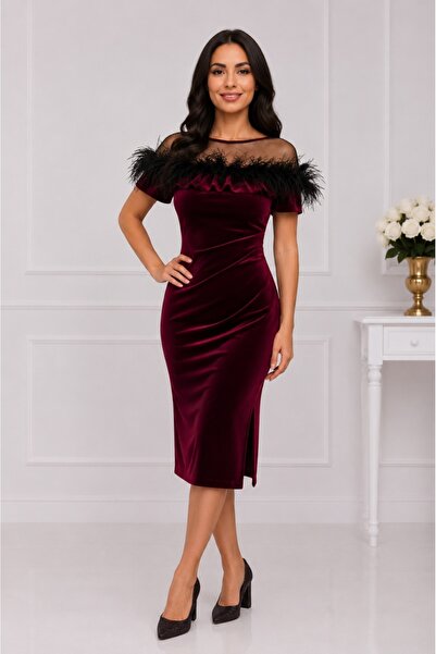 OEM Rochie deosebita din catifea visinie cu insertii de pene negre