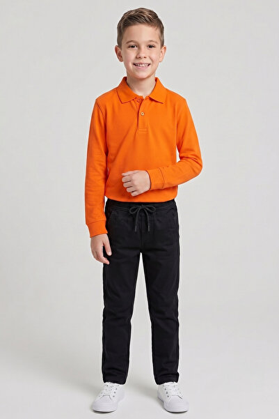 nacar çarşı Boys' Orange Long Sleeve Polo Collar T-Shirt Black Ribbed Waist C...