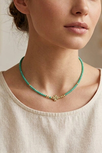 PETEK AKSESUAR Crystal Clover Flower Elegant Necklace