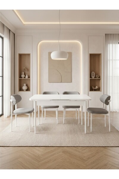 Concept Ayz Home Bella Serisi 4 Kişilik A.Gri Kumaş 80*130 Beyaz Masa Sandaly...