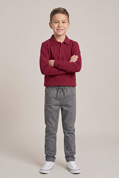 nacar çarşı Boys' Burgundy Long Sleeve Polo Collar T-Shirt Gray Ribbed Waist ...