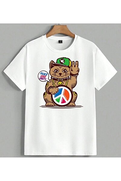 ELFERA Cat Maneki Baris Symbol Peace Printed Unisex Oversize T-Shirt White
