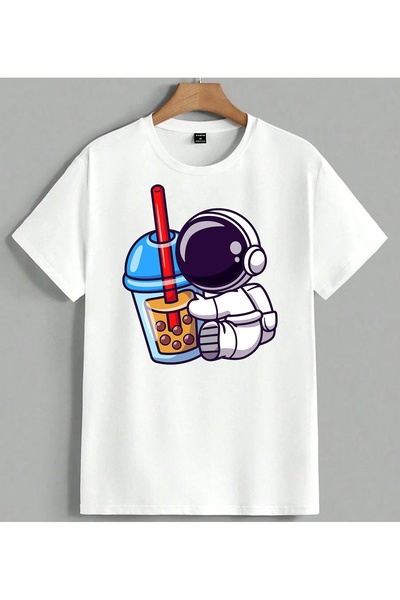 ELFERA Astronaut pije buba čaj, svemirski print, unisex majica prevelikog kro...