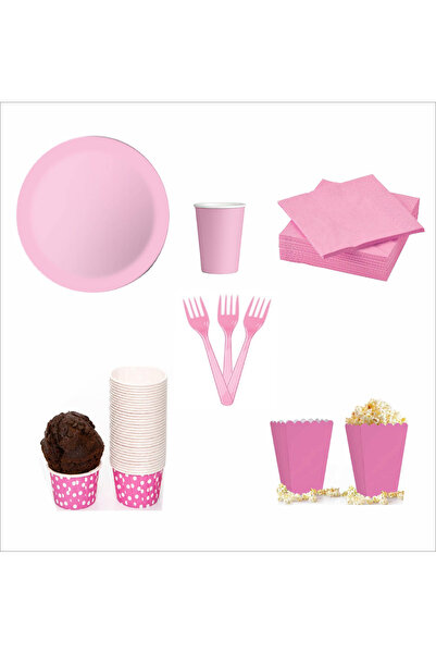 ZENVİVA 8 Pink Plates, 8 Pink Cups, 8 Pink Corn Boxes, 10 Pink Forks, 10 Pink...