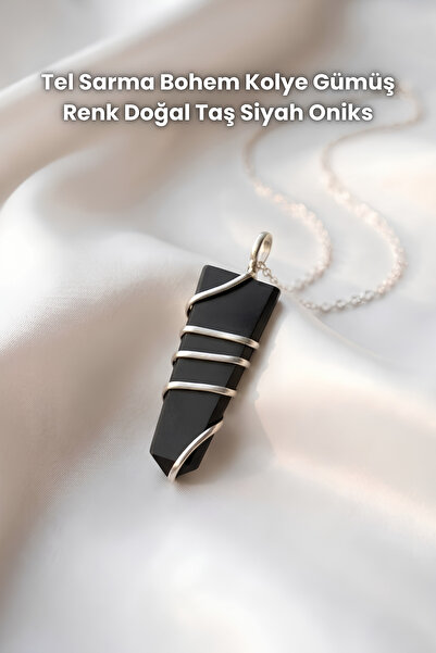 Elifsu Jewelry قلادة بوهيمية ملفوفة بالسلك، لون فضي، حجر طبيعي، حجر العقيق ال...