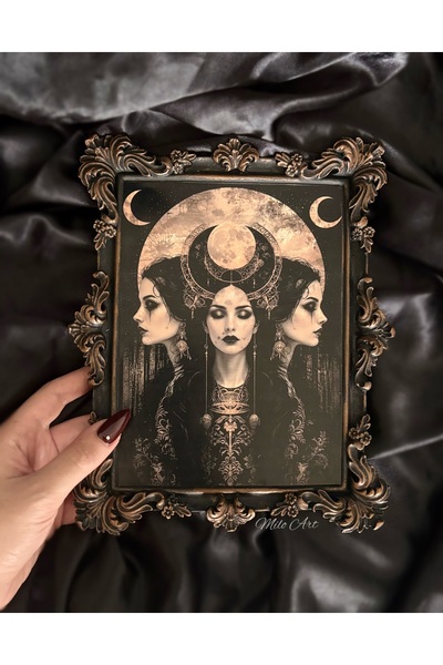 Milo Art El Yapımı Hekate Temalı Siyah Beton Çerçeve Kahverengi Eskitmeli Tan...