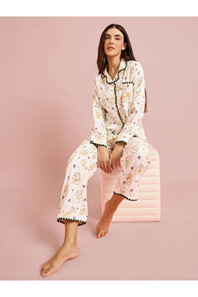 Styli Cream Graphic Print Collared Shirt and Pyjama Set