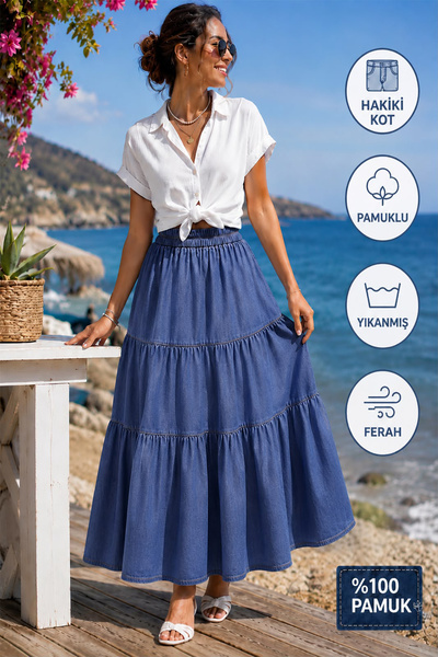 Beyome Women's Washable Denim Skirt Long Maxi 100% Cotton Elastic Waist Layer...
