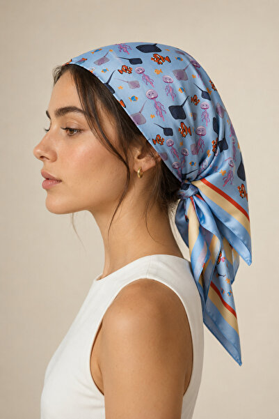 Sehlen Kadın Pastel Mozaik Desenli Saten Fular Bandana 56x56 cm - Bebe Mavi